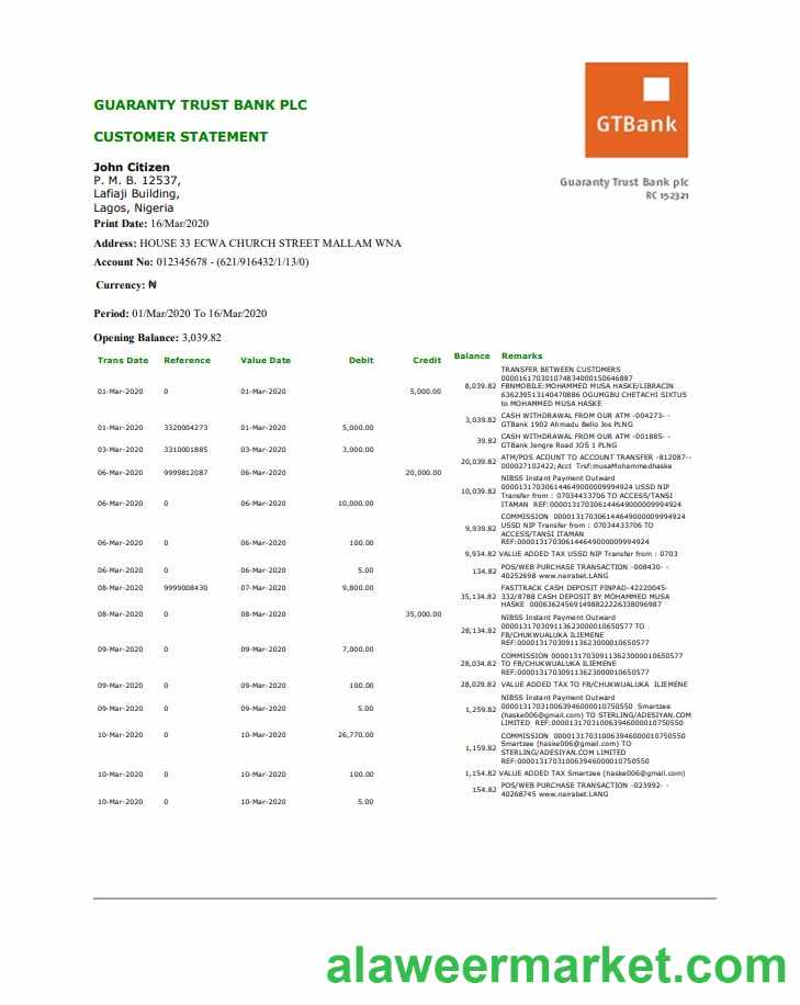 Nigeria GTBank proof of address bank statement template in Word and PDF format